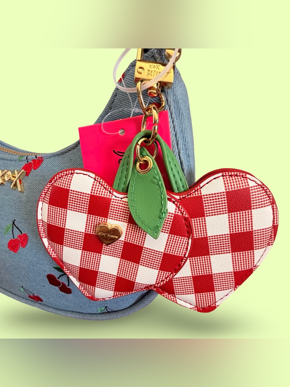 Betsey Johnson Denim Cherry Hearts Shoulder Bag with Gingham Cherry Charm - Picture 2 of 3